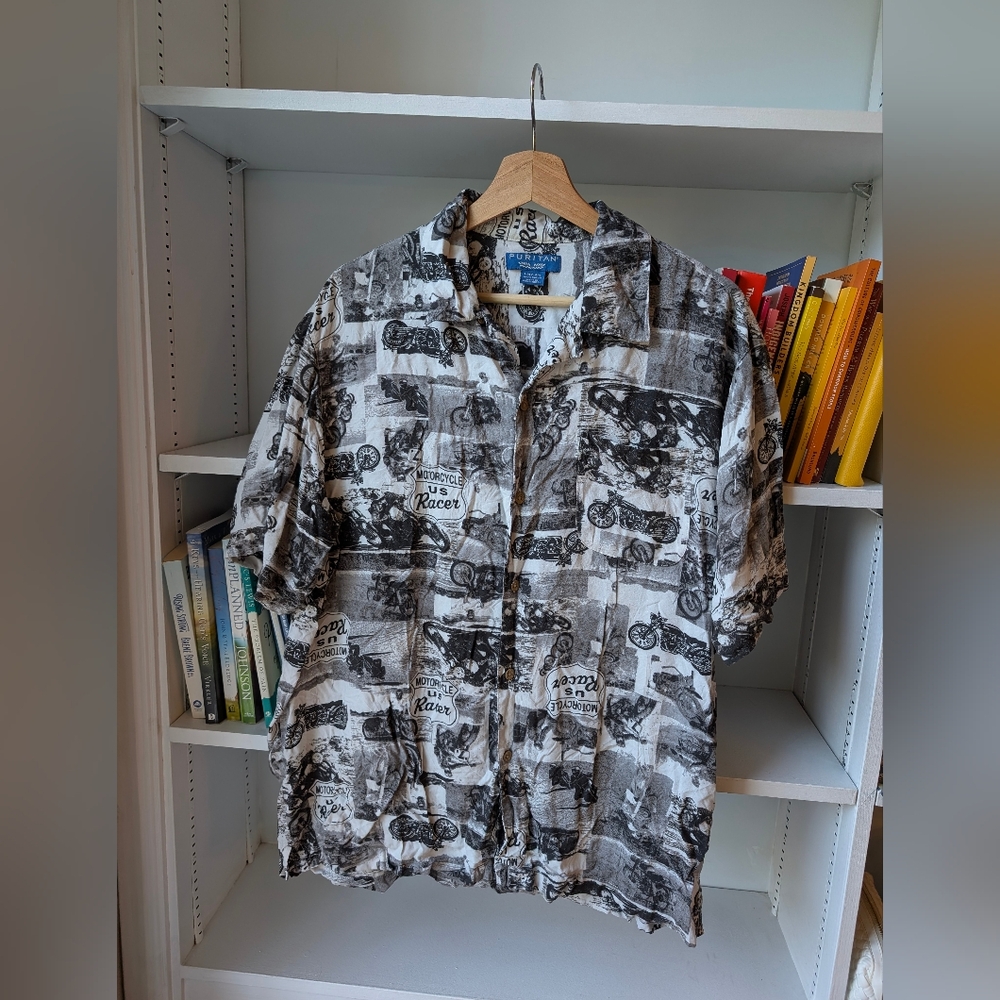 Puritan Men's Button Down Motorcycle Graphic Short Sleeve Black White Size Large